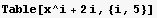 Table[x^i + 2i, {i, 5}]