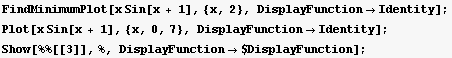 FindMinimumPlot[x Sin[x + 1], {x, 2}, DisplayFunctionIdentity] ; Plot[x Sin[x + 1], {x ... }, DisplayFunctionIdentity] ; Show[%%[[3]], %, DisplayFunction$DisplayFunction] ; 