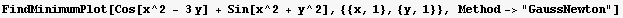 FindMinimumPlot[Cos[x^2 - 3 y] + Sin[x^2 + y^2], {{x, 1}, {y, 1}}, Method->"GaussNewton"]