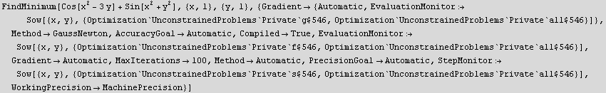 FindMinimum[Cos[x^2 - 3 y] + Sin[x^2 + y^2], {x, 1}, {y, 1}, {Gradient {Automatic, Eva ... , Optimization`UnconstrainedProblems`Private`all$546}], WorkingPrecisionMachinePrecision}]